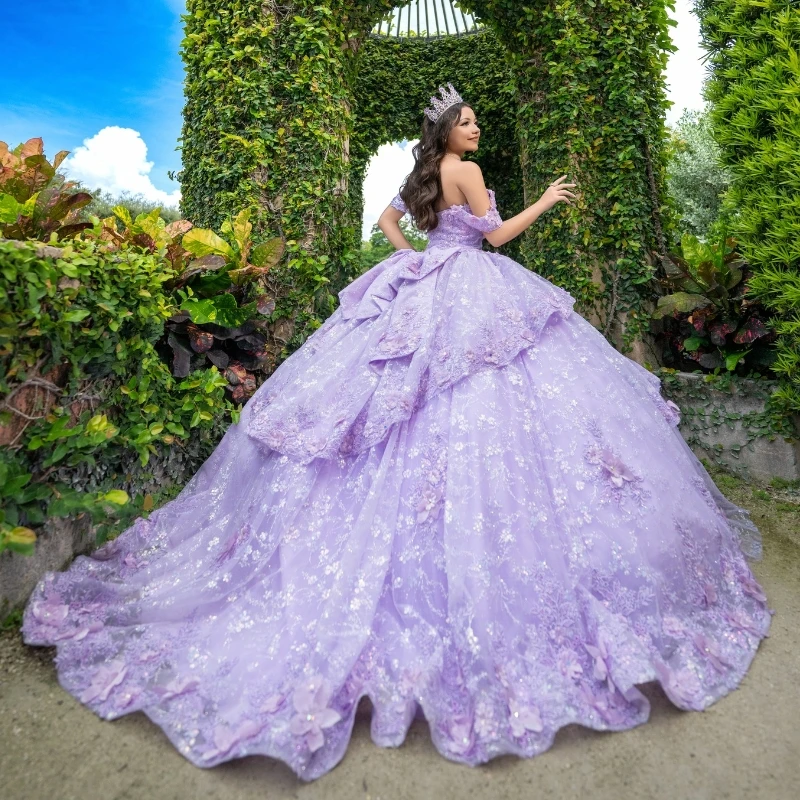 

Lilac Shiny Ball Gown Quinceanera Dresses Off the Shoulder Sequin Applique Lace Beads Tulle Party Biethday Dress Vestidos De 15