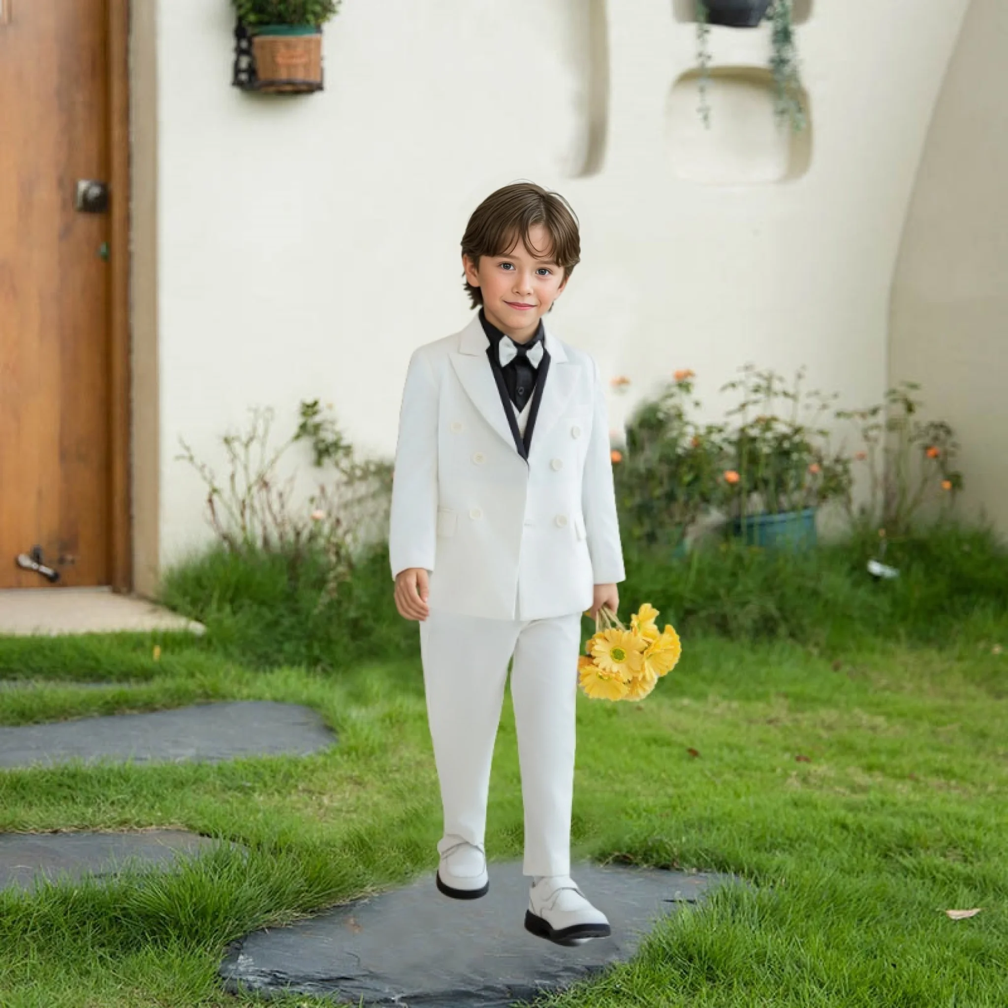 

Kids White 4Pieces Wedding Suit Set With Top Vest Pants Bowtie Boys Autumn Winter Piao Host Speech Performance Costume