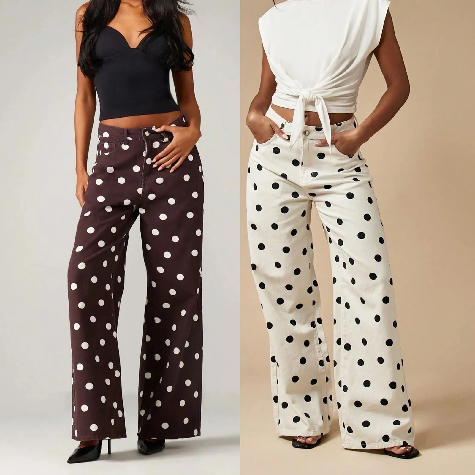 Women's Mid Waist Wide Leg Straight Loose Dot Simple Basic Casual Jeans Pants European American Female Fashion Denim Trousers