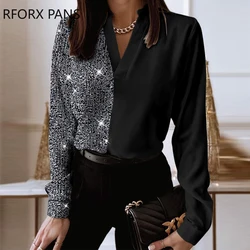 Women Chic Rhinestone Patchwork V Neck Long Sleeve Casual Blouses Tops