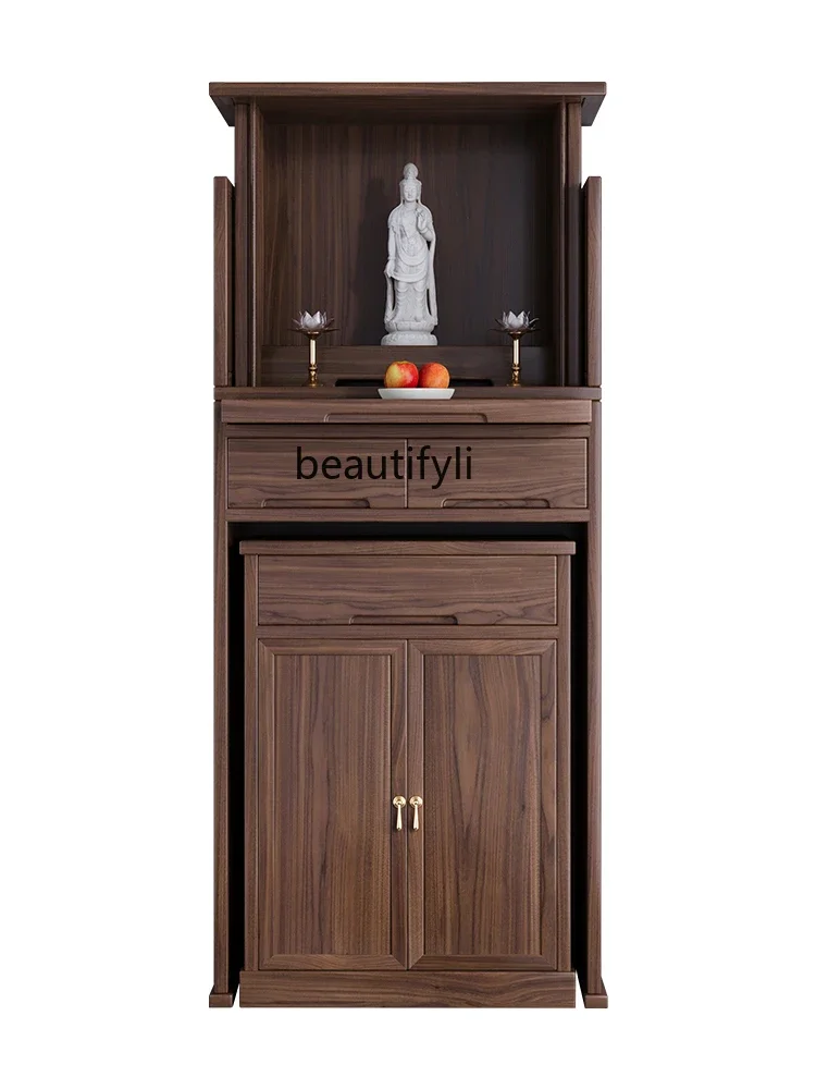 

New Chinese Style Clothes Closet Black Walnut Hidden Door Solid Wood Home Modern Buddhist Hall God of Wealth Buddha Shrine