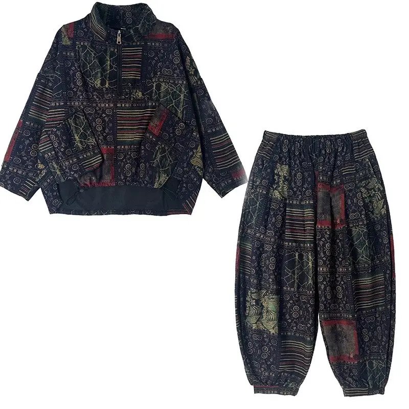 Printed Retro Fashion Sets Outfits Loose Large Size Casual Cotton And Linen Bat Sleeves Autumn Two-Piece Pants Tracksuit K2443