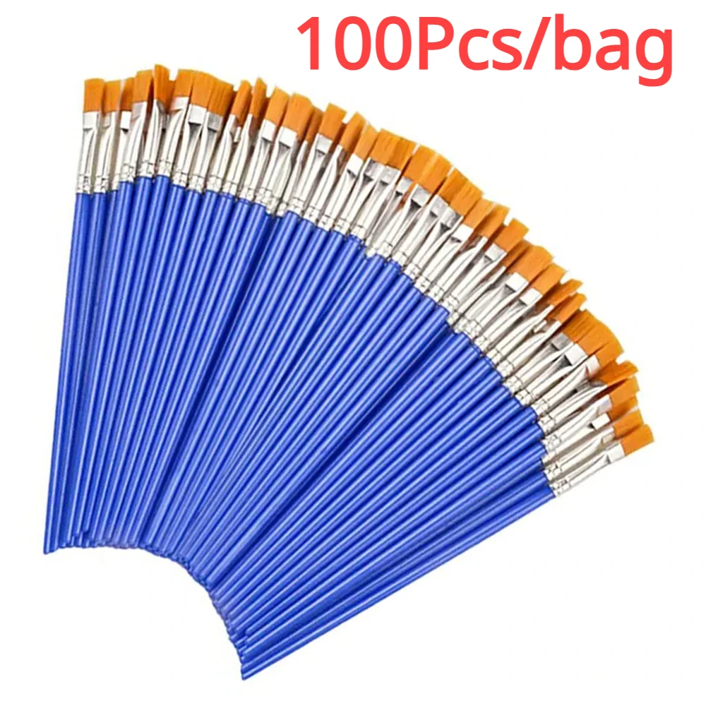 100pcs/bag Painting Brushes Set Art Blue Holder Flat Hair Nylon Hair Paint Brush for Oil Acrylic Watercolor Art Supplies