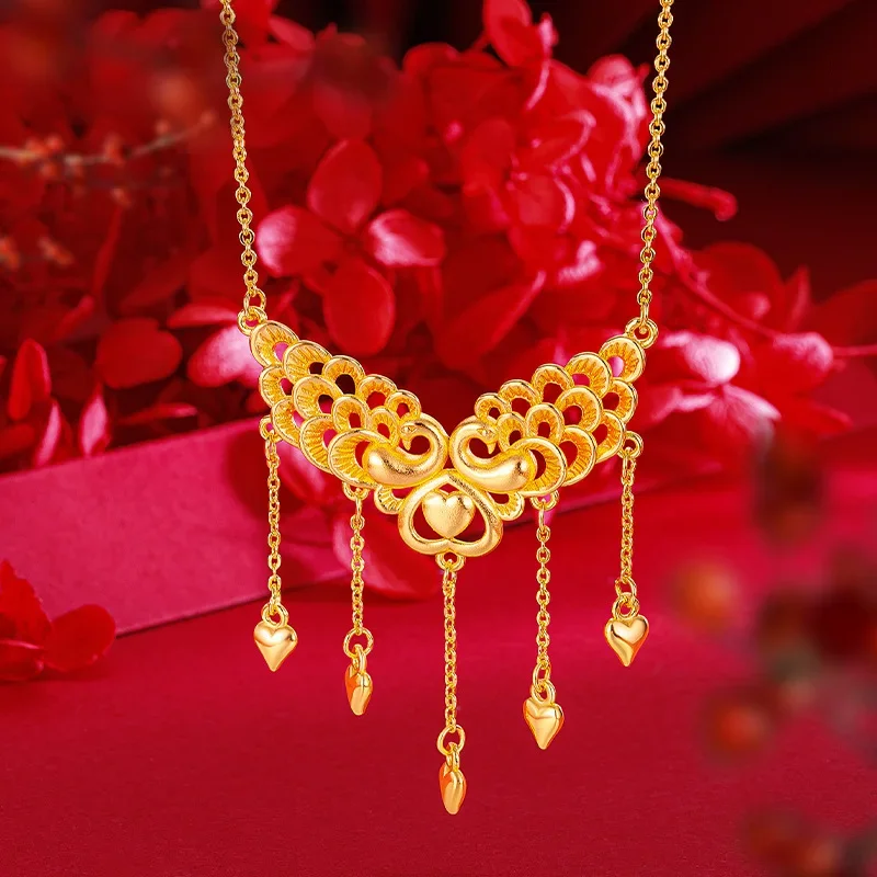 9999 Real Gold 24K Genuine High-color Wedding Bride Peacock Chain, Ethnic Style Versatile Peacock with Fringed Necklace