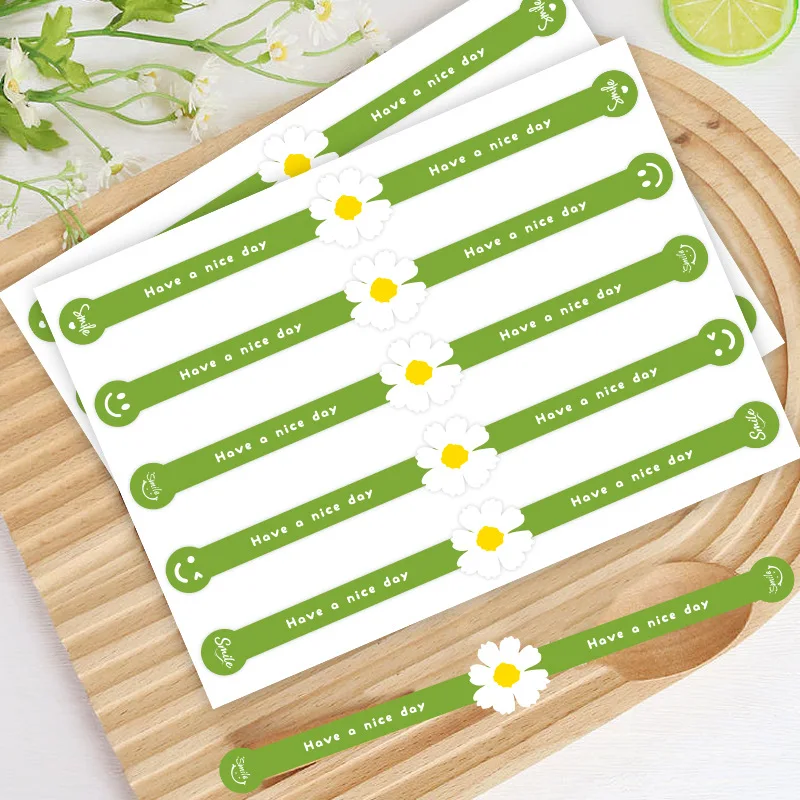 100개/세트 롱 스트립 그린 플라워 베이킹 스티커 베이킹 포장용 감사합니다 스티커 수제 선물 봉투