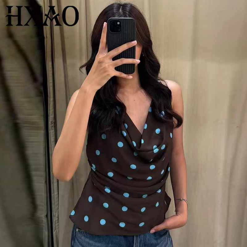 HXAO Polka Dot Slip Top Women Summer 2026 Sexy Crop Ruffled Backless Tops For Women Casual Sleeveless Thin Straps Beach Camisole