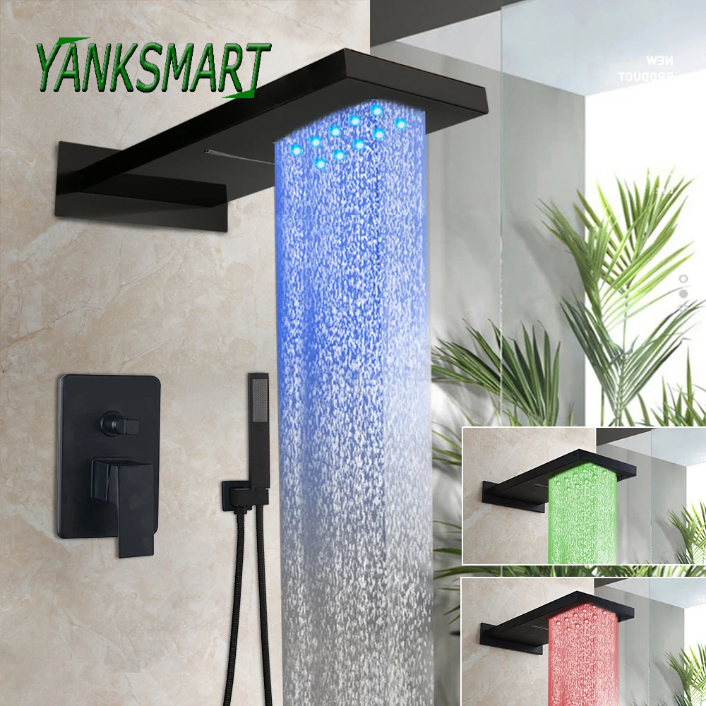 

YANKSMART LED Bathroom Shower Faucet Set 3 ways Control Bathtub Shower Mixer Faucets Rainfall & Waterfall Shower Head Tap