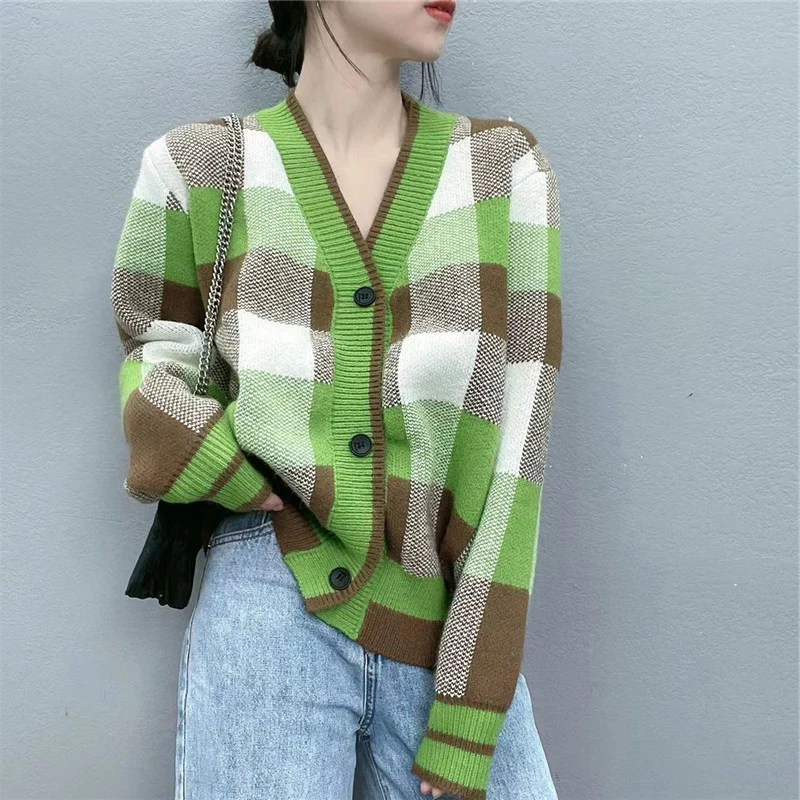 

Knitted cardigan, green contrasting plaid V-neck jacket, women's spring and autumn styles