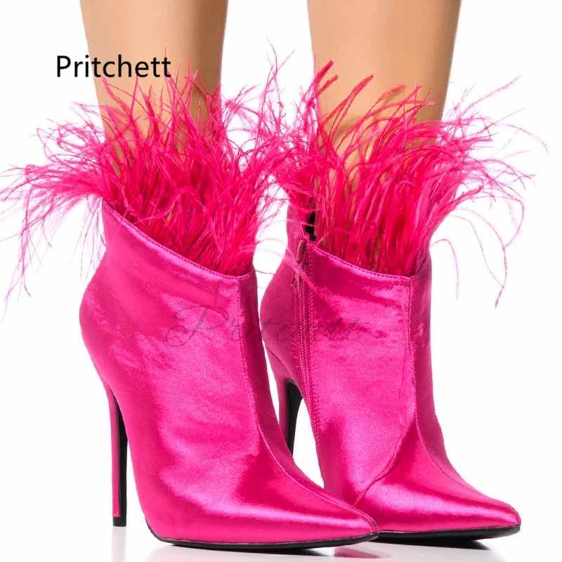 

Женские ботильоны из страусиных перьев, роскошные, на шпильке, с острым носком, с бахромой, модные, на молнии сбоку, для вечеринок и подиумных показов
