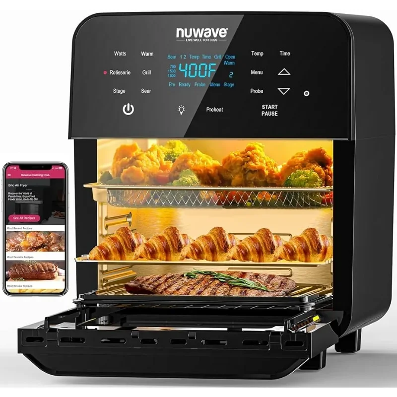 

Жаровня Nuwave Brio 15.5Qt, духовка для гриля, X-большой размер, Мощный 1800 Вт, 4 позиции в стойке, управление температурой 50-425 °F, 100 предустановок