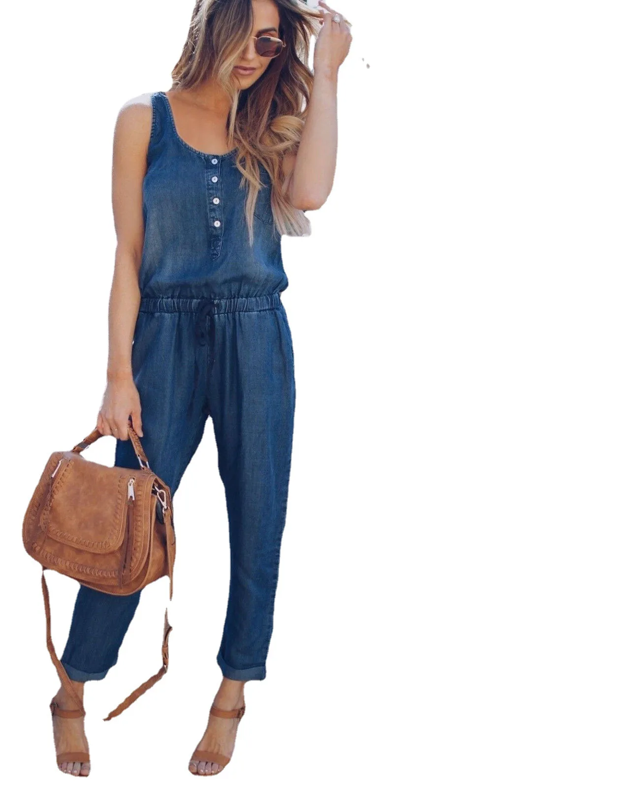 Overall celana jins Vintage wanita, jumpsuit Denim panjang pergelangan kaki, bisa dicuci, 2024 Solid, celana lurus bersaku, kasual longgar