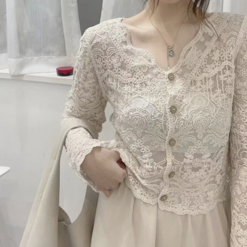 

Рубашки с v-образным вырезом, женские универсальные блузки, простые кружевные женские элегантные повседневные корейские темпераментные модные рубашки в стиле Харадзюку, мягкие классические винтажные