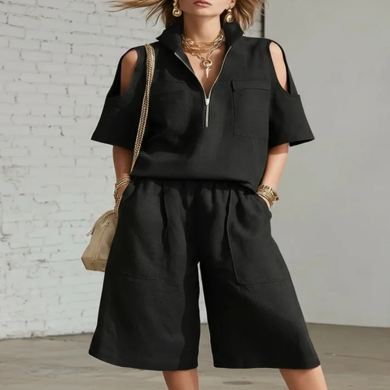 

Women's Two-piece Short-sleeved Cropped Pants Shirt Zipper Hollow Summer Fashion New Casual Loose Pocket Solid Color Suit