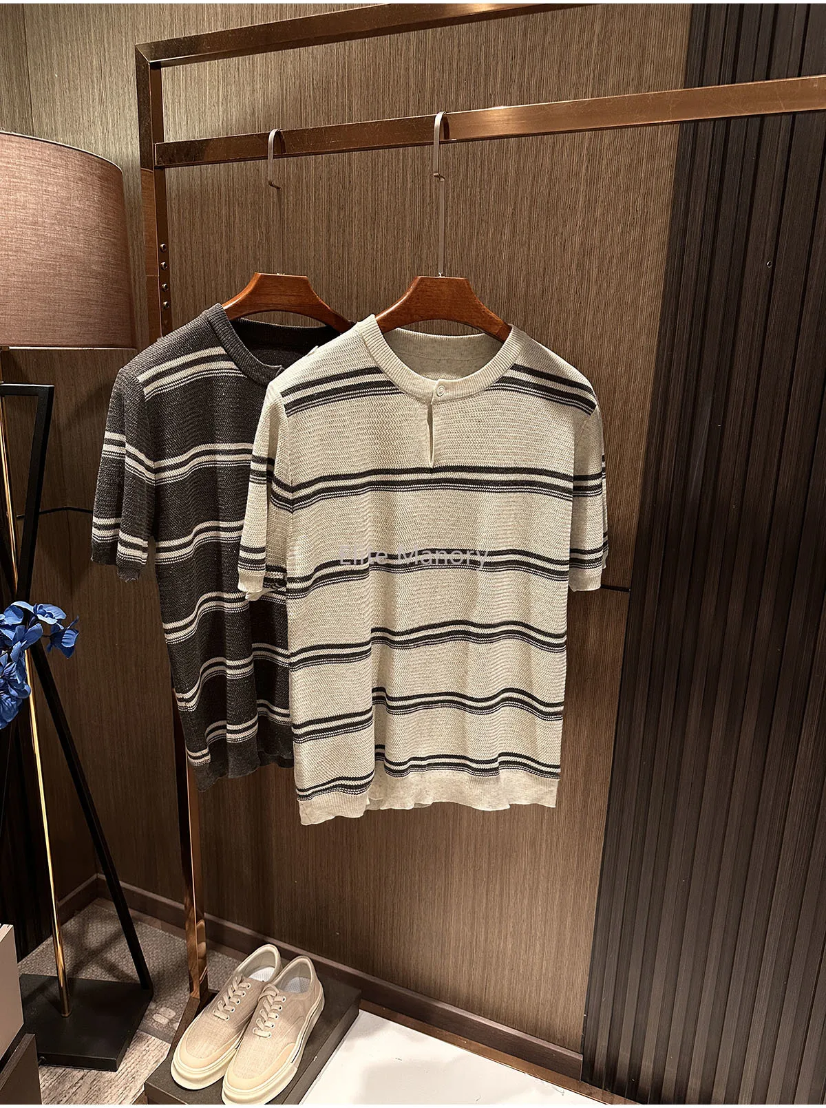 [Old money tone, Lyocell linen blend] Summer men's Henry collar striped contrasting color knitted short-sleeved T-shirt