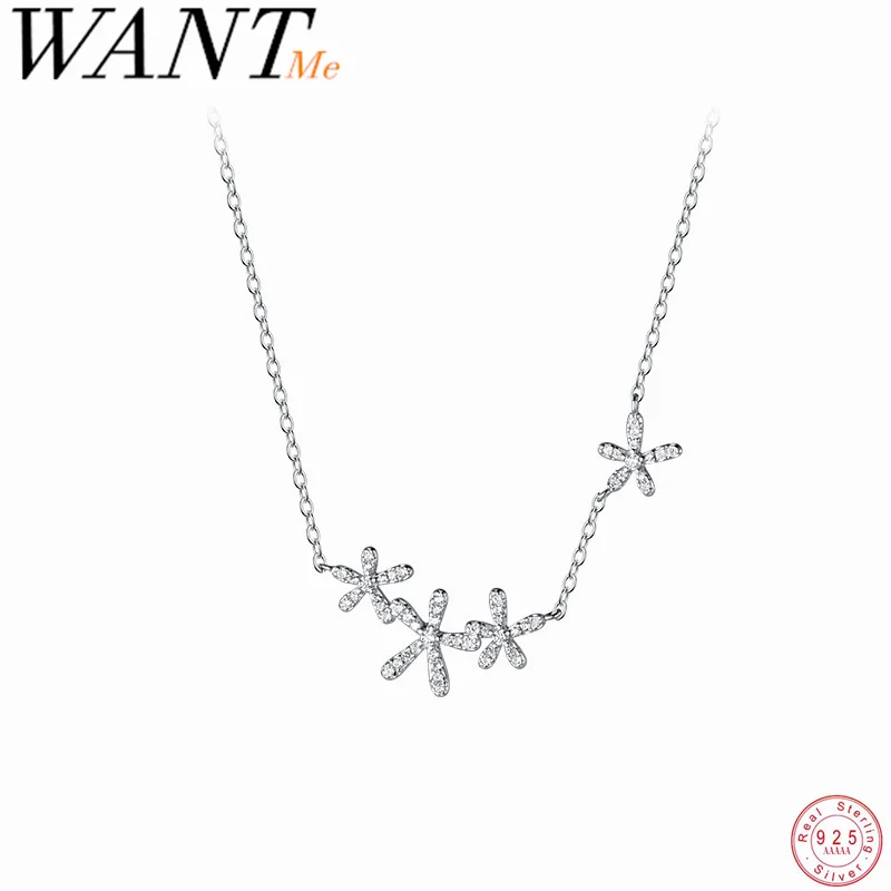 

WANTME 925 Sterling Silver Romantic Cute Flower Choker Chain Charm Pendant Necklace for Women Fashion Elegant Party CZ Jewelry