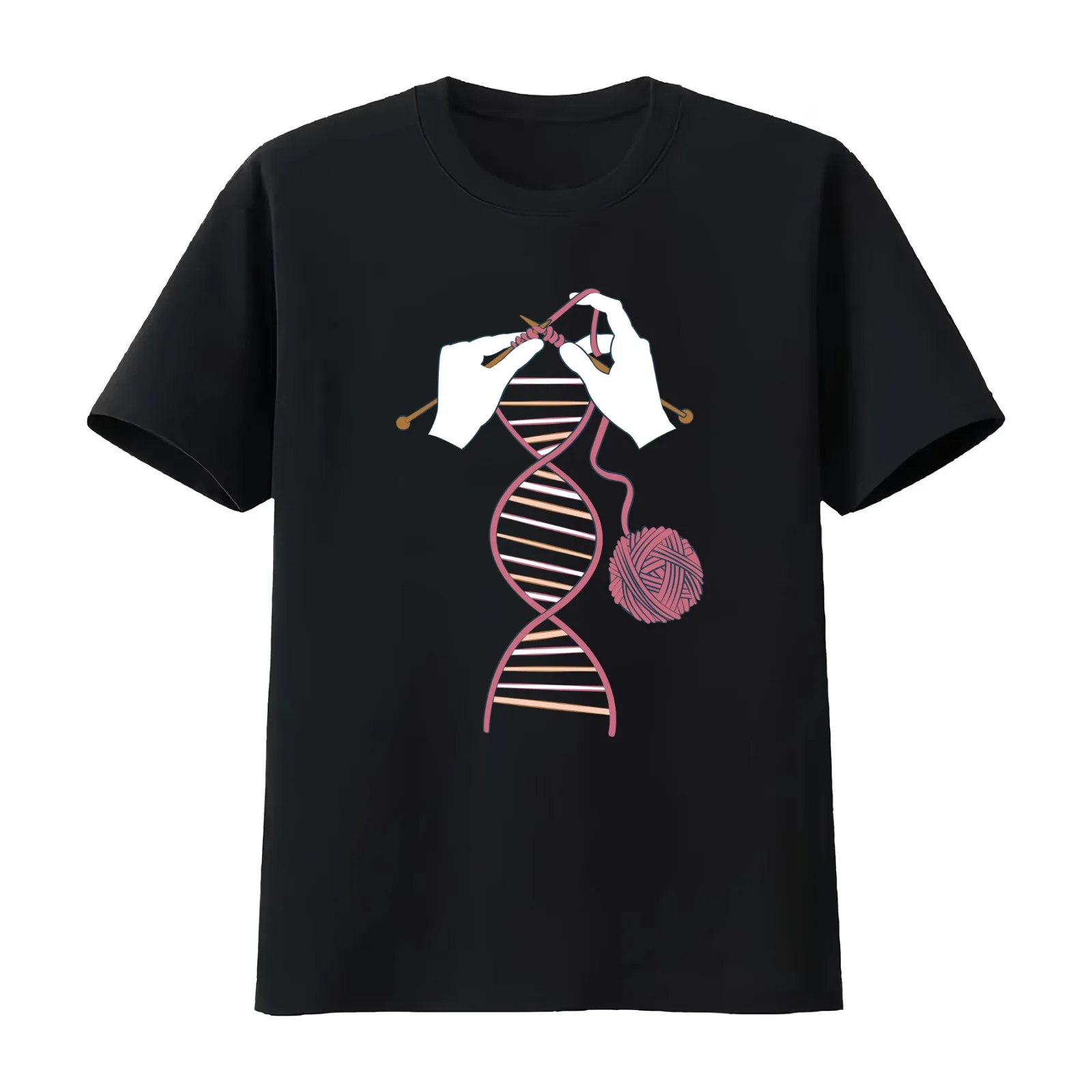 Knitting DNA // blue background bordeaux and pink rosé wool balls and knit details T-Shirt Summer Casual Cotton Tee