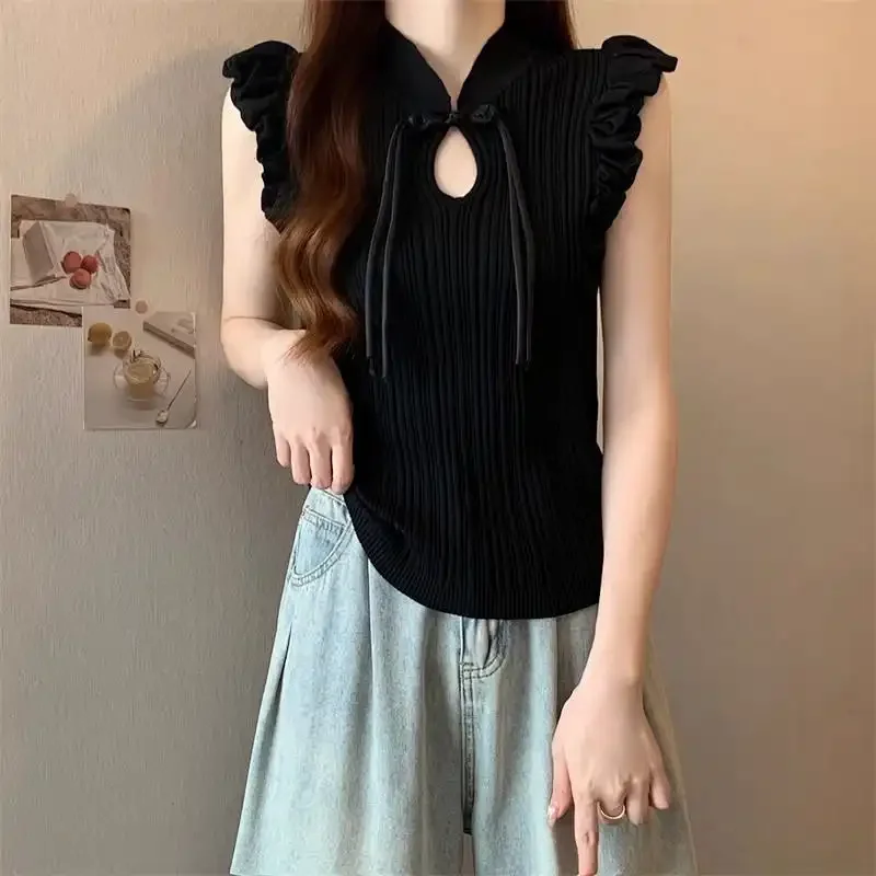

Elegant Women's Sleeveless Knit Top With Ruffled Butterfly Sleeves And Keyhole Lace-Up Front For Casual Office Or Evening Wear