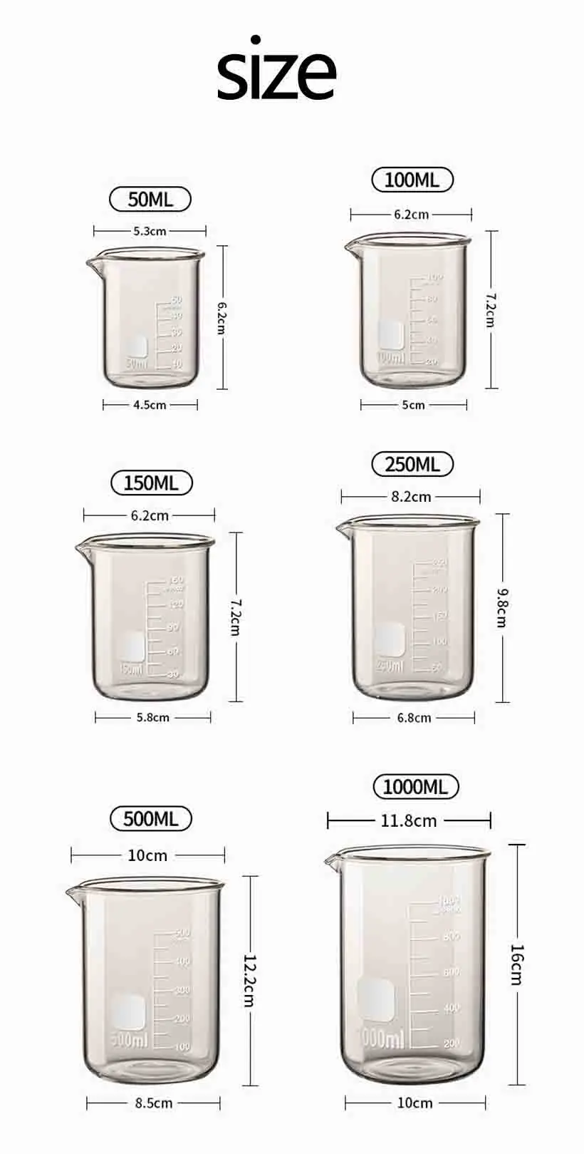 High Borosilicate Glass Measuring Cup Clear Scale Cup Laboratory Beaker Kitchen Baking Measuring Cup 50/100/150/250/500/1000ml