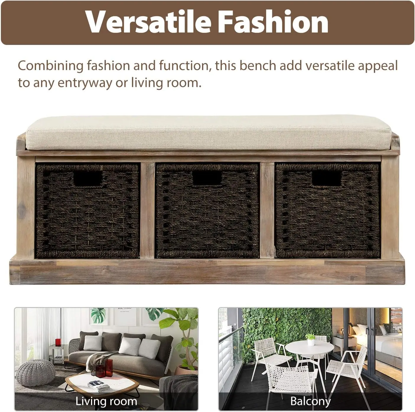 Harper&Bright Designs Rustic Storage Bench 3 Removable Baskets, Shoe Bench Removable Cushion (White)