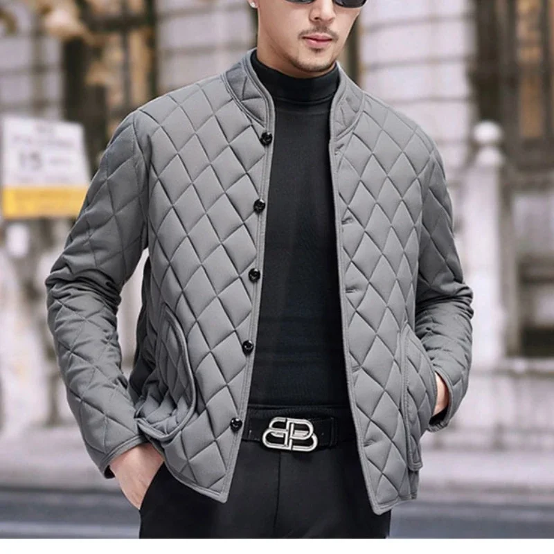 Lined Bomber Jacket Men Autumn Winter Diamond Pattern Jacket Men's Business Casual Clothing Brand New Slim Fit Parka Coat