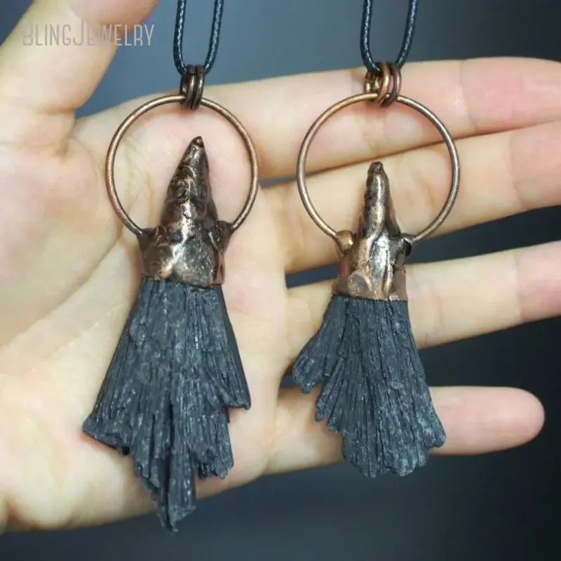 10pcs Fairy Black Goth Kyanite Fan Stone Pendant Necklace Statement Gothic Vampire Wicca Leather Chain Emo Witch Jewelry