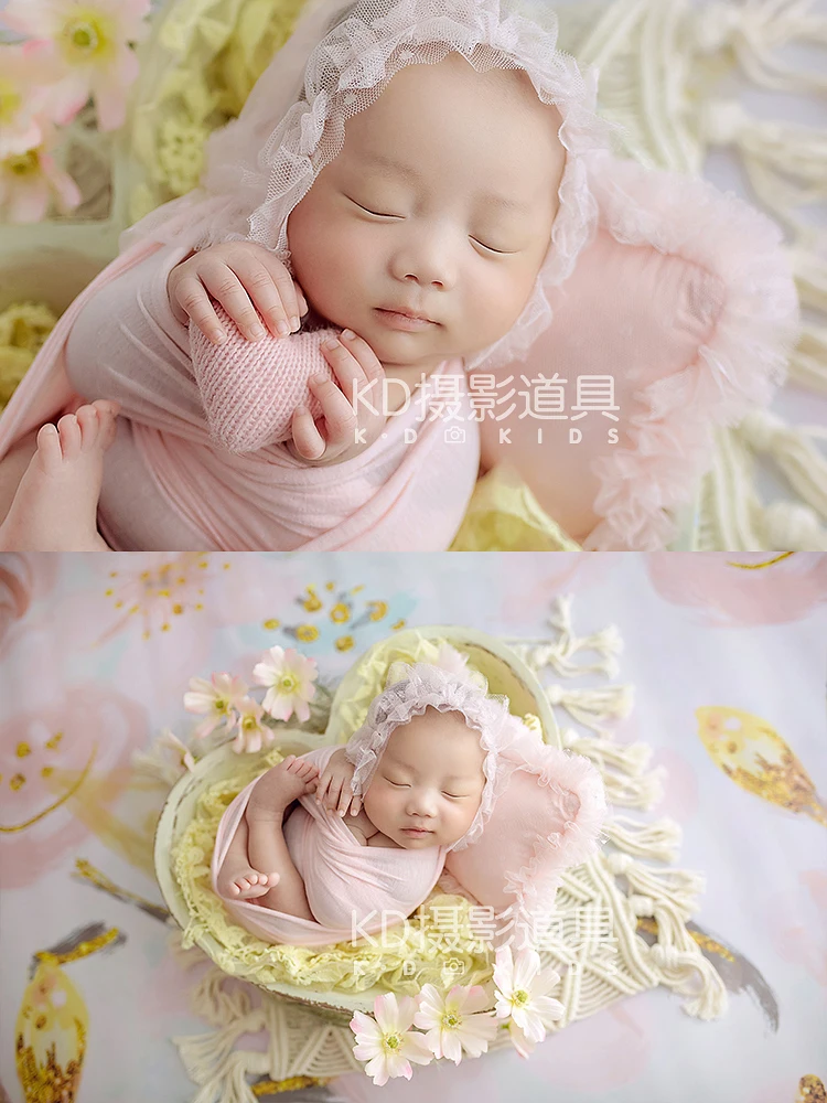 Summer newborn photography lace hat pillow pink warm breeze baby photography wrap baby photoshoot props  아기 코스프레