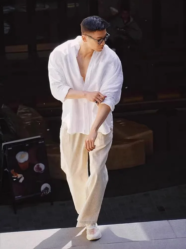 Man White Shirts 2026 Spring New Plus Size 300lbs Men's White Long Sleeve Shirt Summer Thin Loose Casual Sun Protection Blouse
