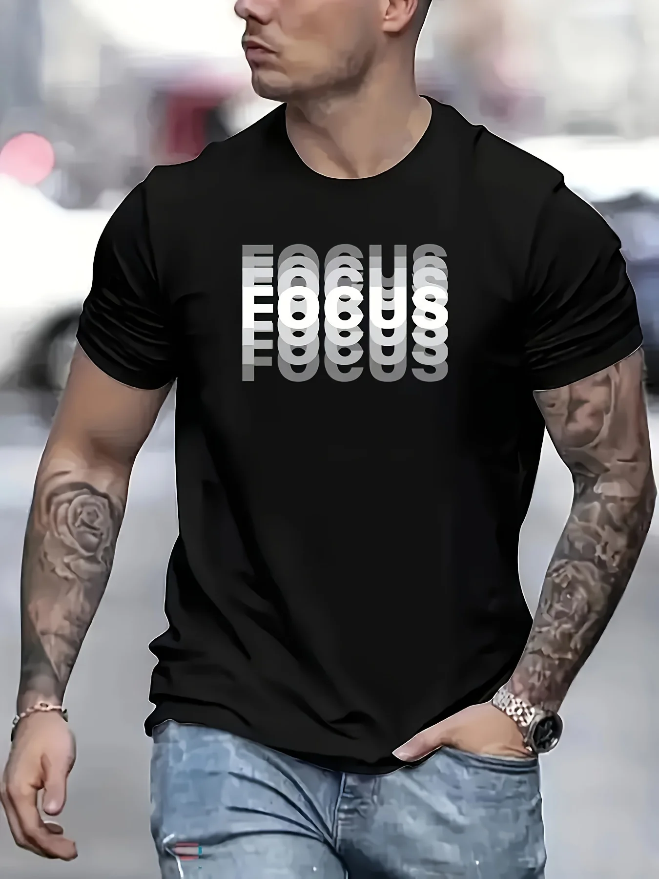 Casual T-shirt Men's top FOCUS letter print soft comfortable fabric short sleeve crew neck