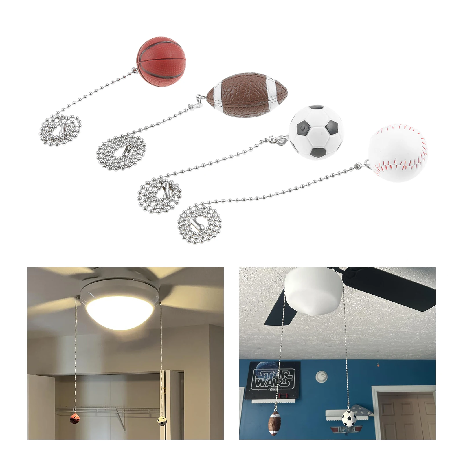4Pcs Ceiling Fan Pull Chains Extender Sport Football Theme String Charm Extension 14