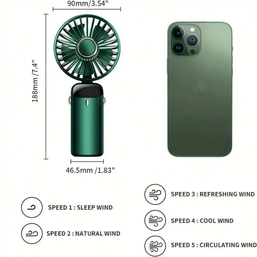 2026 Portable USB Rechargeable Quiet Fan, 3-in-1 Handheld/Neck/Desktop, LED Display, 5-Speed, Foldable 90°, Office & Travel
