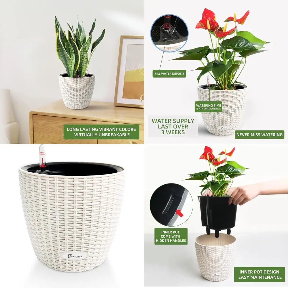 

Кашпо для полива в стиле ротанга 11x10 дюймов с внутренним горшком и индикатором уровня воды, подходит для использования в помещении и на улице (цвет слоновой кости)