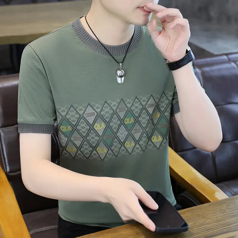 Men Fashion Diamond Geometric Print Crew Neck T Shirt Thin Breathable Short Sleeve Summer Casual Daily Tops S-4XL