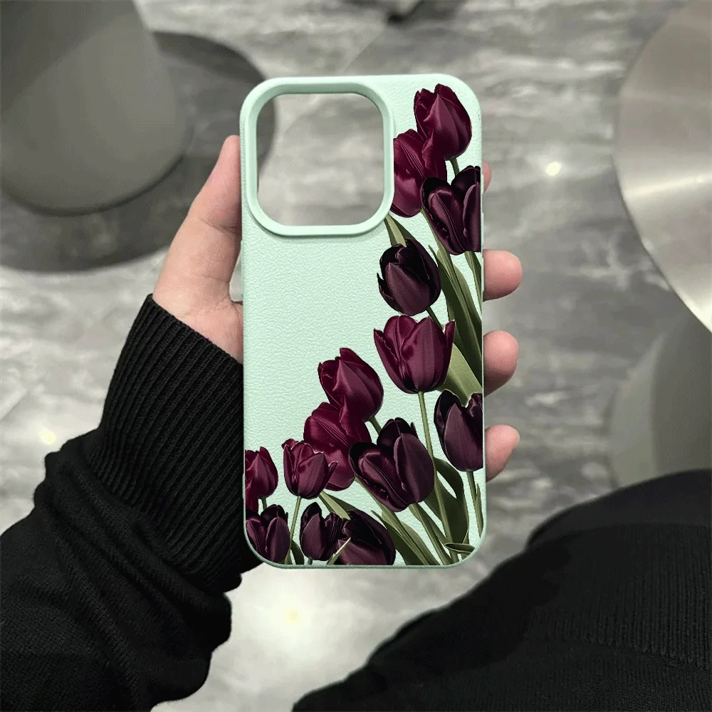 Dunkelviolette Tulpen-Handyhülle für iPhone 17 16 15 14 13 12 11 Pro Max 16 15 14 Plus 17 16 15 Pro 17Air XR XS Silikon-Matt-Abdeckung – Detail 10