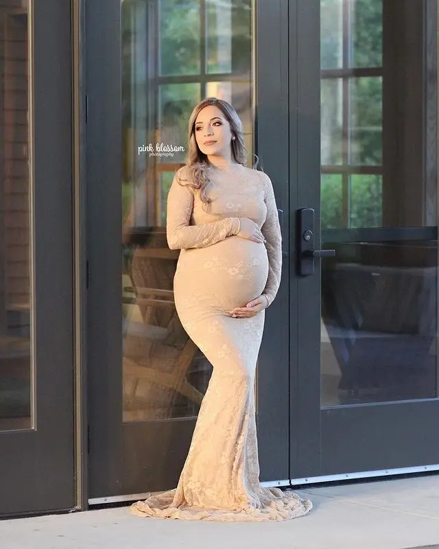 Vestidos de fotografía de maternidad sexys de encaje, vestido de sesión de embarazo con cuello barco y tren largo, vestido de maternidad Maxi para mujer, accesorios para fotos