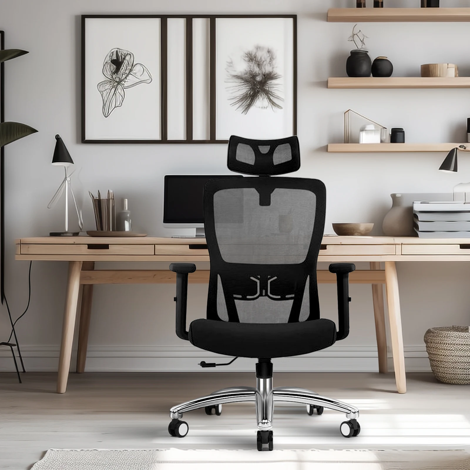 كرسي مكتب مريح من Durrafy، كرسي مكتب مع مسند رأس قابل للتعديل، مساند للذراعين ودعم قطني، كراسي دوارة شبكية، أسود