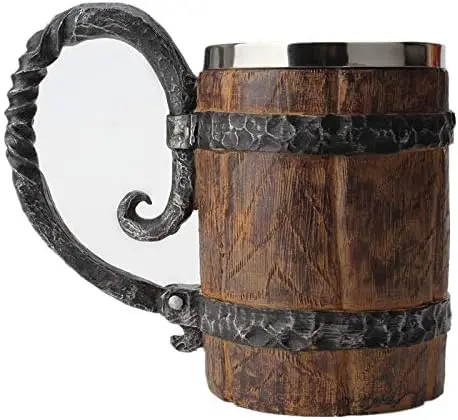 

Handmade Wooden Barrel Beer Mug, Bucket Shaped Drinkware with Handle, Stainless Steel Double Wall Cocktail Mug for Restaurant,