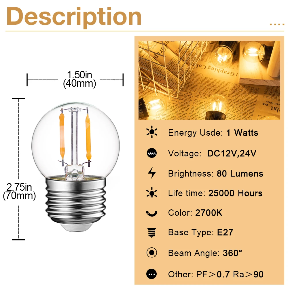 LED Bulb 1W Edison for Solar String Lights E27 DC 12V 24V Clear Glass Globe Bulbs 2700K Warm White Replacement Light Bulbs