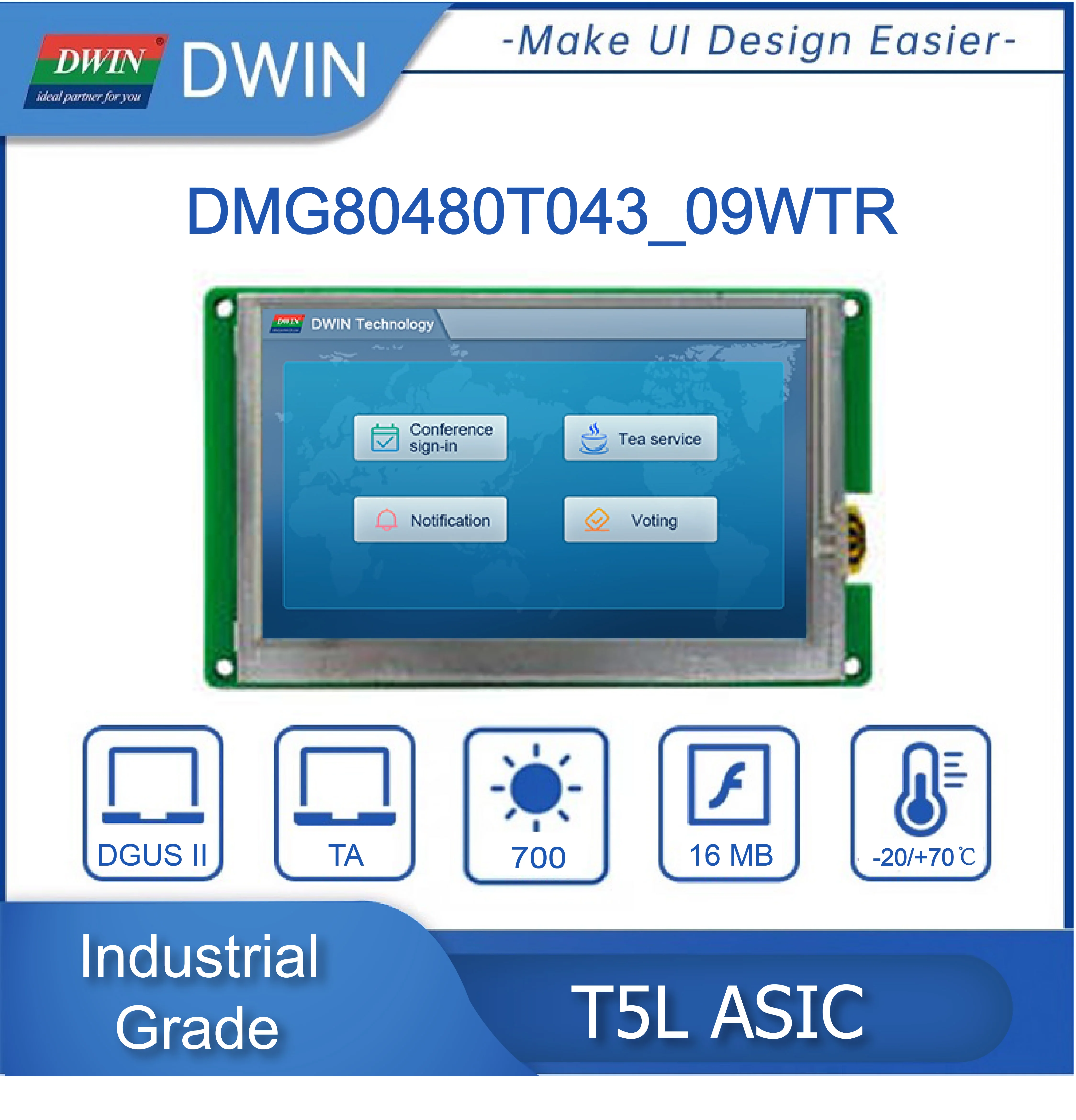 DWIN 4.3 Inch 800x480 TFT LCD Display Module IPS Industrial Grade HMI TTL/RS232 High Brightness Touch Screen DMG80480T043_09W