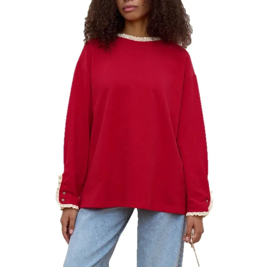 بلوزات نسائية غير رسمية بأكمام طويلة باللون الأحمر مع قلنسوة للخريف والشتاء بلوزات كبيرة الحجم من الدانتيل بلوفر نسائي ملابس يومية #5