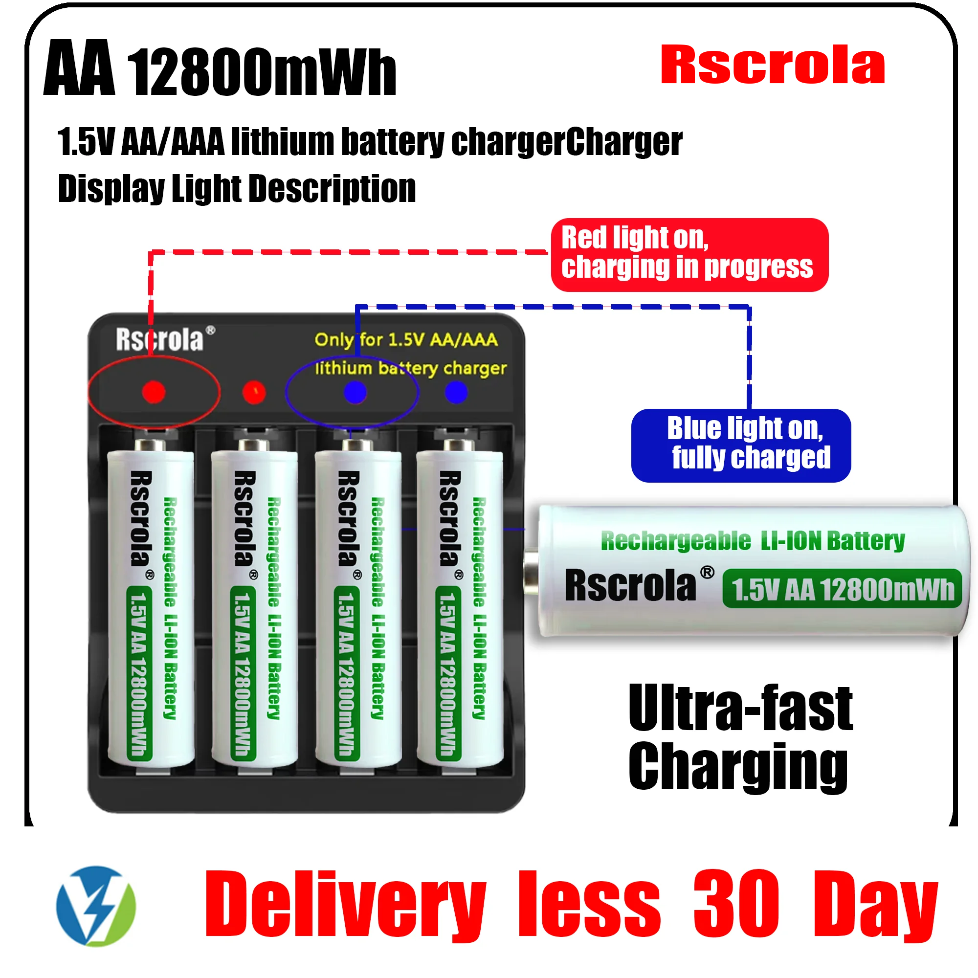 Rscrola قابلة للشحن 1.5 فولت AA 12800mWh بطارية أيون الليثيوم شحن سريع مع شاحن لساعة كامير مروحة ماوس ألعاب كهربائية