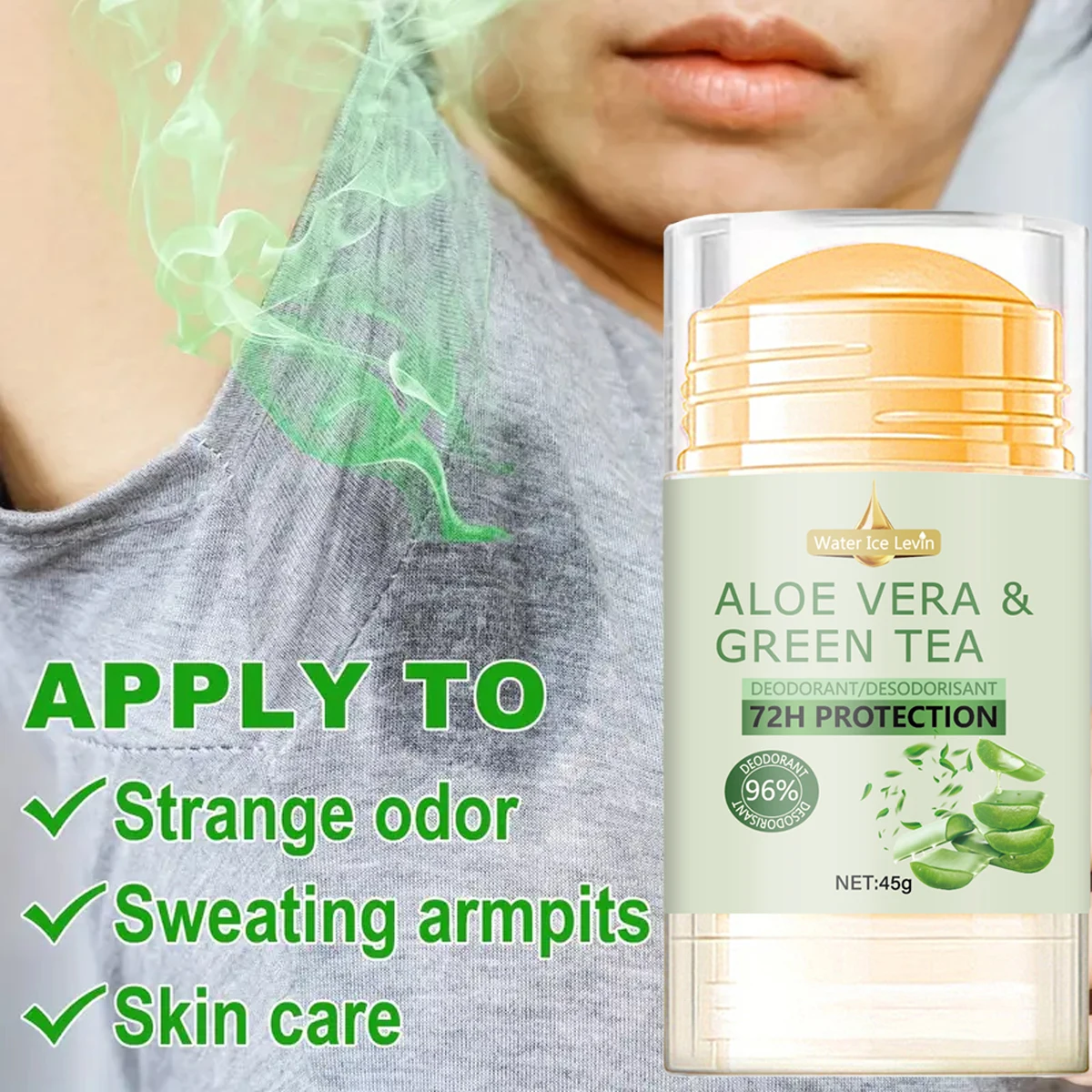 مزيل عرق الماء آيس ليفين مع الألوة فيرا والشاي الأخضر حماية 72 ساعة وفعال 96% للعناية اللطيفة ولكنها القوية. 45 جرام.