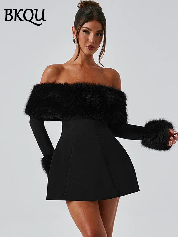 BKQU Strapless Fluffy Patchwork Mini Dress Women Fashion Off Shoulder Long Sleeve Slim A-Line Dresses Ladies Evening Party Gown