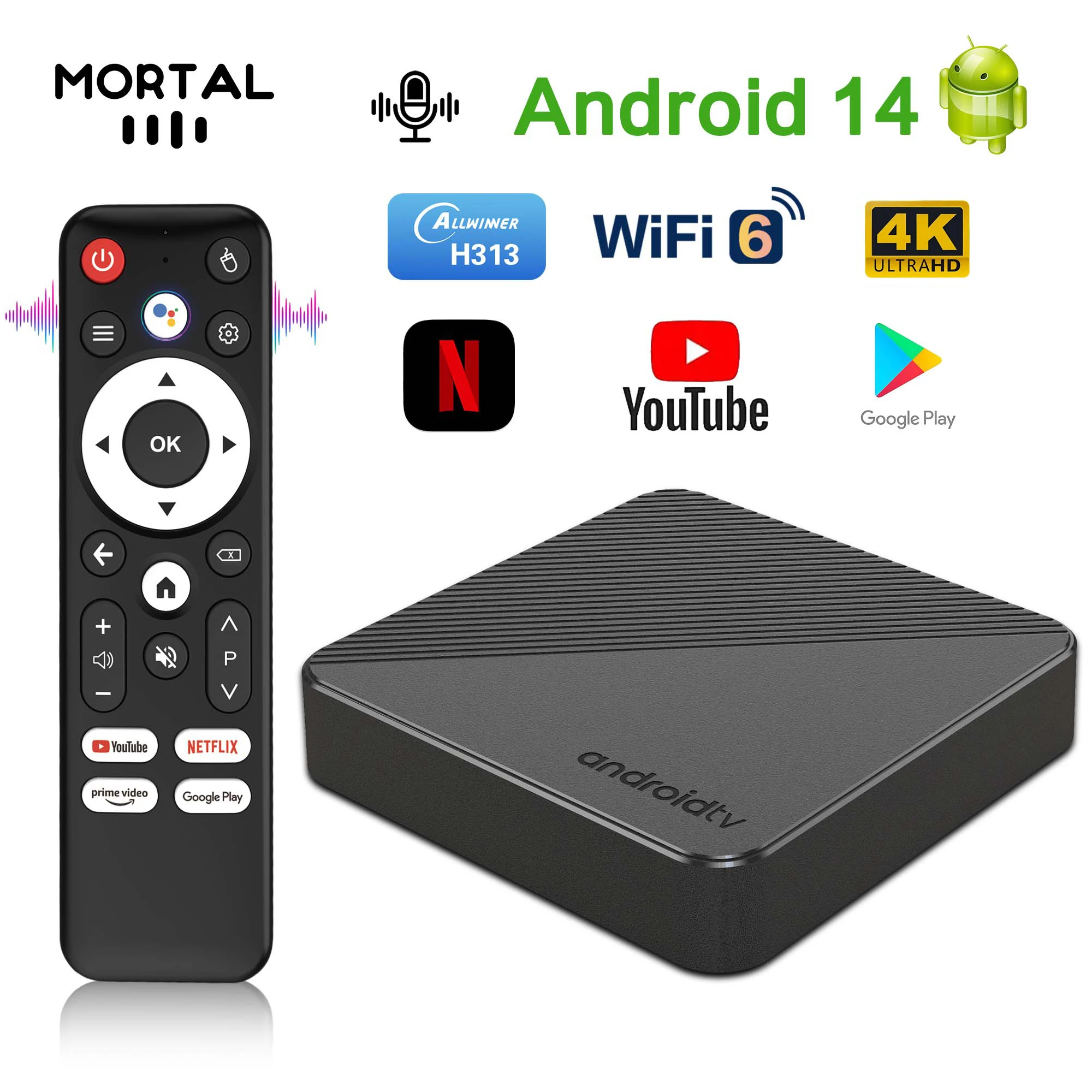 صندوق تلفاز Mortal T1S Allwinner H313 رباعي النواة جديد يعمل بنظام Android 14 وBT5.0 وWiFi6 ومساعد Google الصوتي ومشغل الوسائط المتدفقة في المنزل