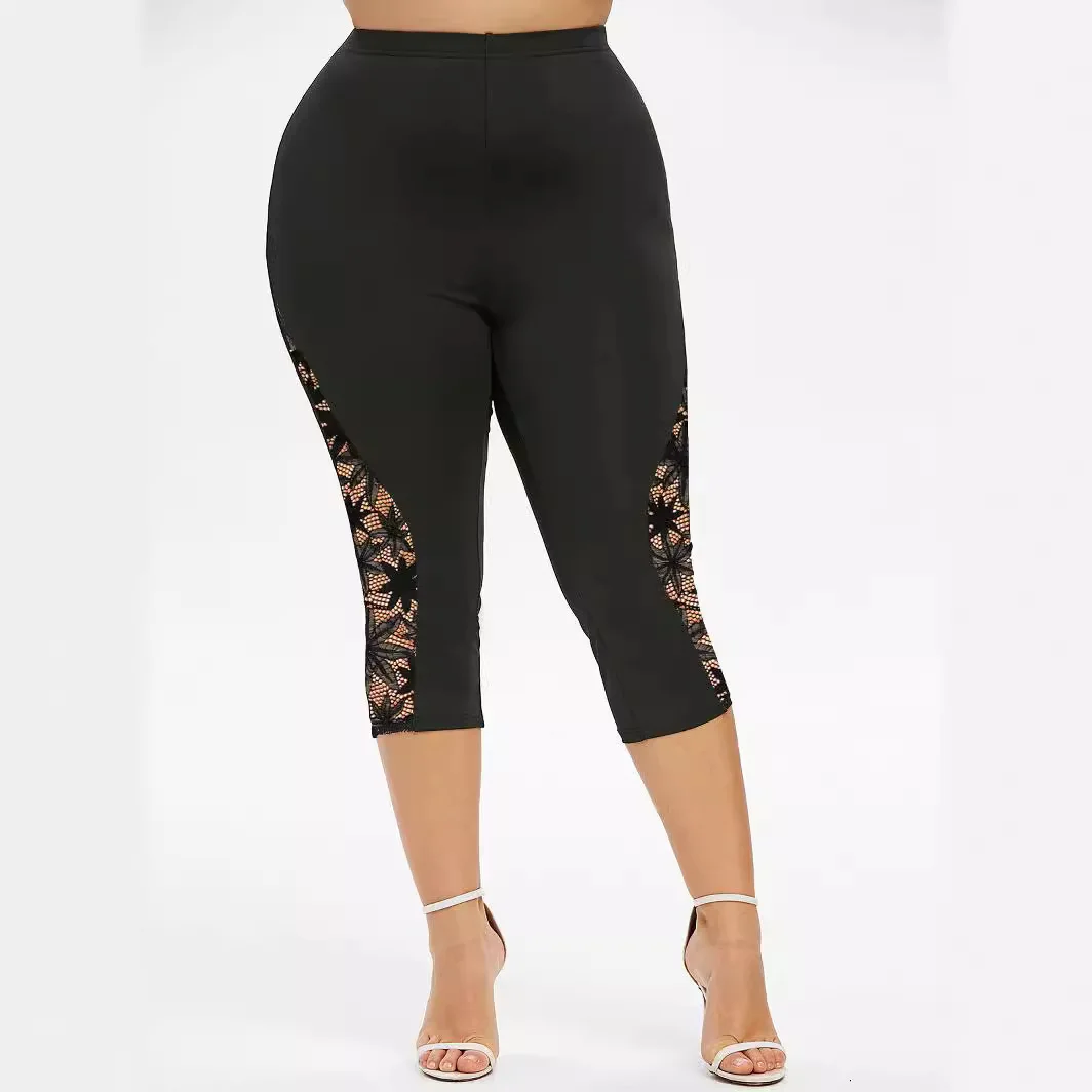 Leggings Femininas Plus Size de Primavera e Verão, Ajuste Slim, Cintura Alta, Calças Elásticas com Detalhes em Renda para Tamanhos Grandes