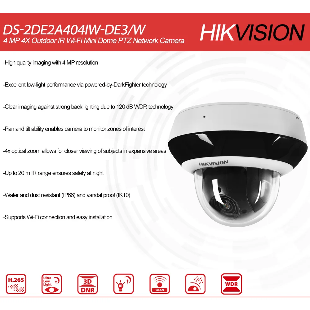 Hikvision Original DS-2DE2A404IW-DE3/W 4 MP 4X Optical Zoom Outdoor IR Wi-Fi Mini Dome PTZ Network Camera 2.8 to 12 mm IP66&IK10