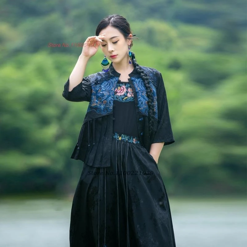 

19925, традиционная китайская винтажная блузка, топы ханьфу с национальной цветочной вышивкой, атласное жаккардовое лоскутное пальто в стиле ретро, этническая блузка