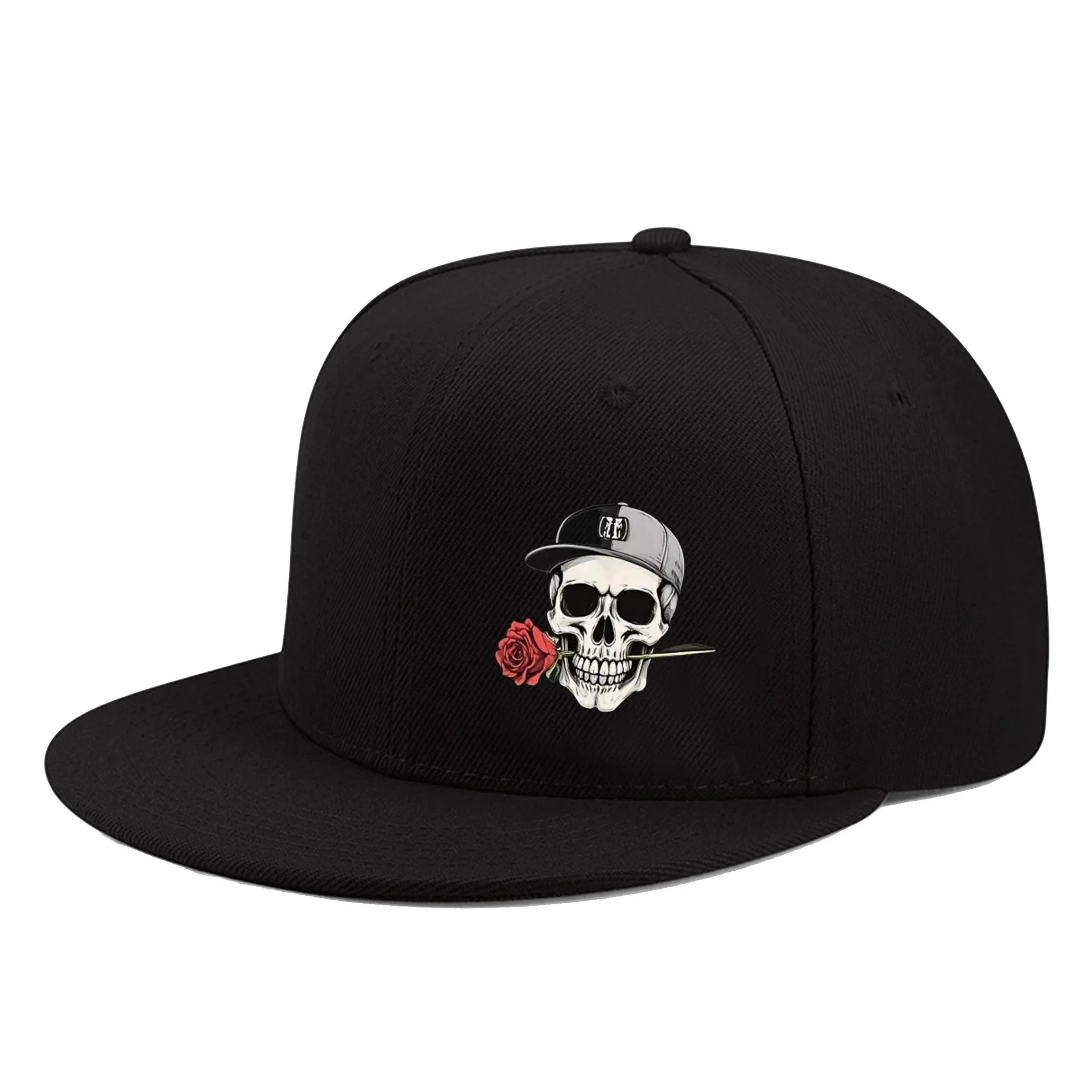 Neue verstellbare Hip-Hop-Baseballkappe mit Totenkopf- und Rosenmotiven im Vintage-Stil mit flachem Schirm für Outdoor-Street-Sportarten.