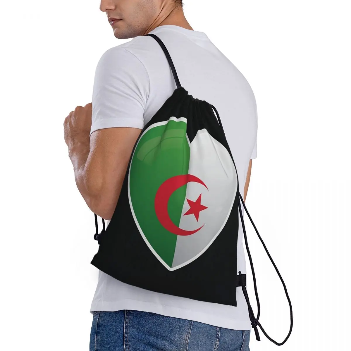 

Algeria Algerian Flag Love Icon Backpacks Casual Drawstring Bags Sports Bag Book Bags for Travel School