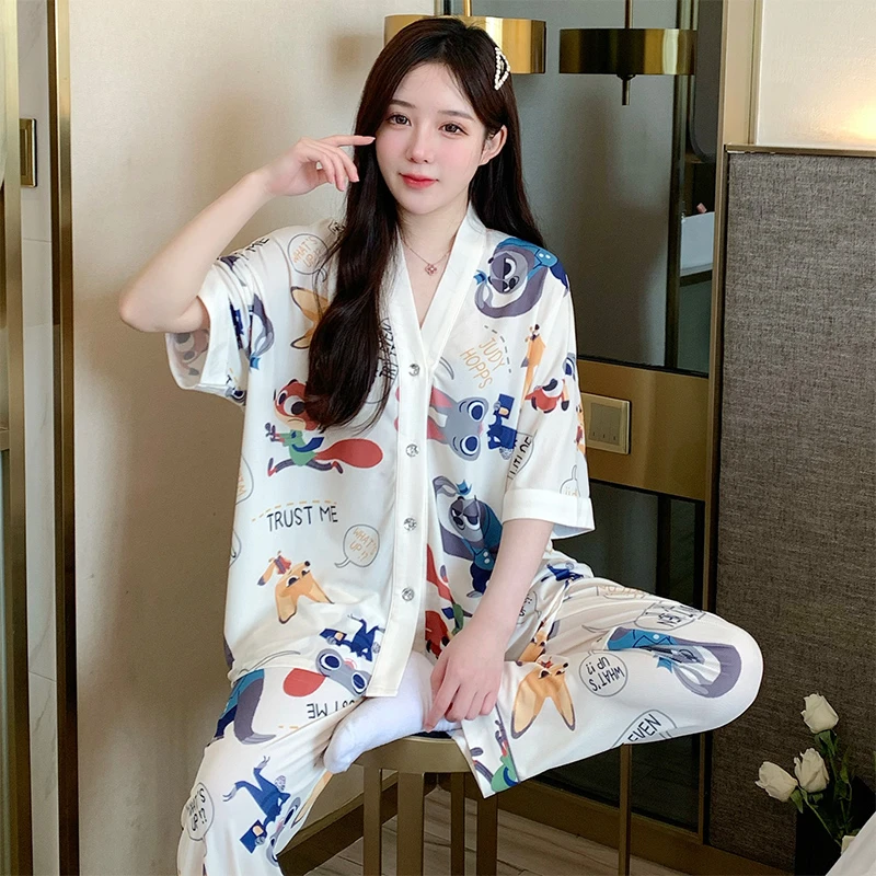 Plus Size Cartoon Ice Silk Pajamas 3-Piece Set Women\'s Summer New Korean Ins Short-sleeved Top+Shorts+Pants Outwear Home Clothes