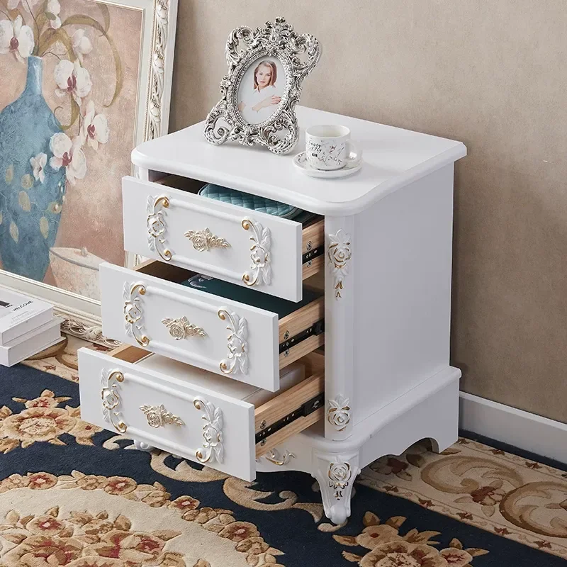 Nordic Bedside Table European Style Simple Engraved 3 Drawers 60cm High Gold Silver Painted Nightstand for Small Apartment
